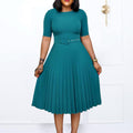 D3292 cross-border new european and american  round neck midi pleated skirt plus size african cross-border african dress