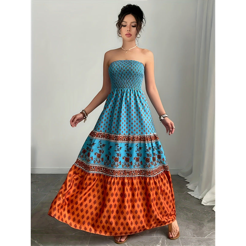 Aliexpress spring/summer new bohemian print beach dress, printed maxi dress