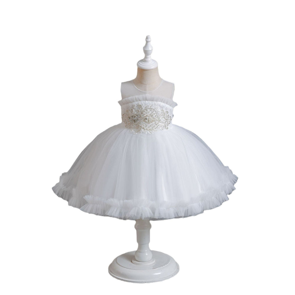 Ready-to-ship new children's formal dress: pearl-embellished tulle princess gown for baby girls, perfect for first birthday photoshoots and special occasions. kids dress