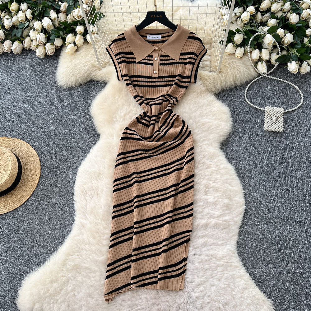 Korean chic summer new arrival: high-end retro polo collar sleeveless fitted bodycon knit dress with diagonal stripes
