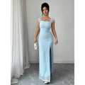 Women's summer elegant french romantic knitted lace textured high-slit slim-fit maxi dress