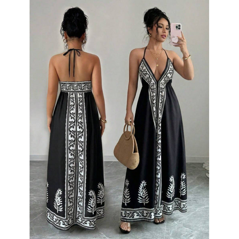 Amazon bohemian chic beach vacation print v-neck backless maxi slip dress