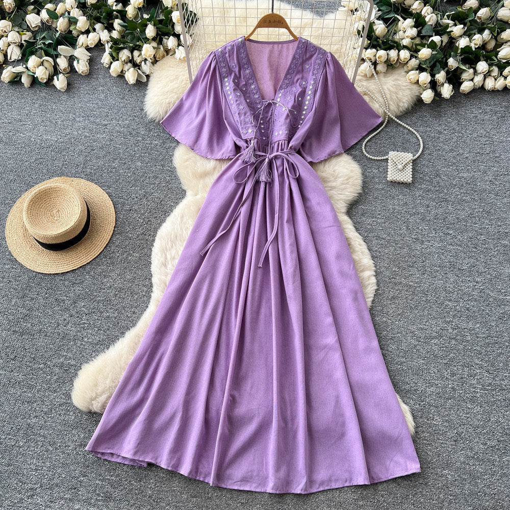 French-style embroidered v-neck dress - women's summer korean style short sleeve slimming a-line maxi dress - vacation ready