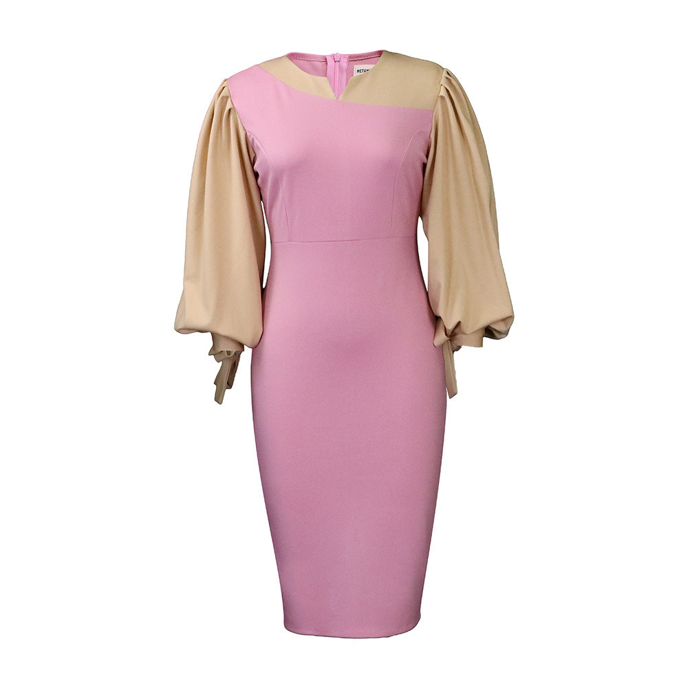 D3163 in stock  african plus size women's autumn and winter long sleeve tie-up color block elegant commute european and american style dress