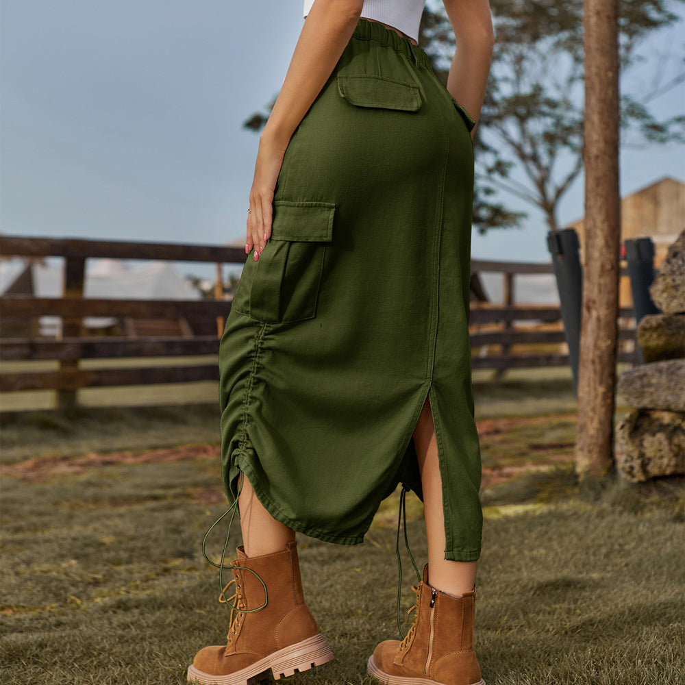 American cross-border foreign trade unique  new arrival drawstring elastic waist workwear skirt casual mid-length skirt trendy women