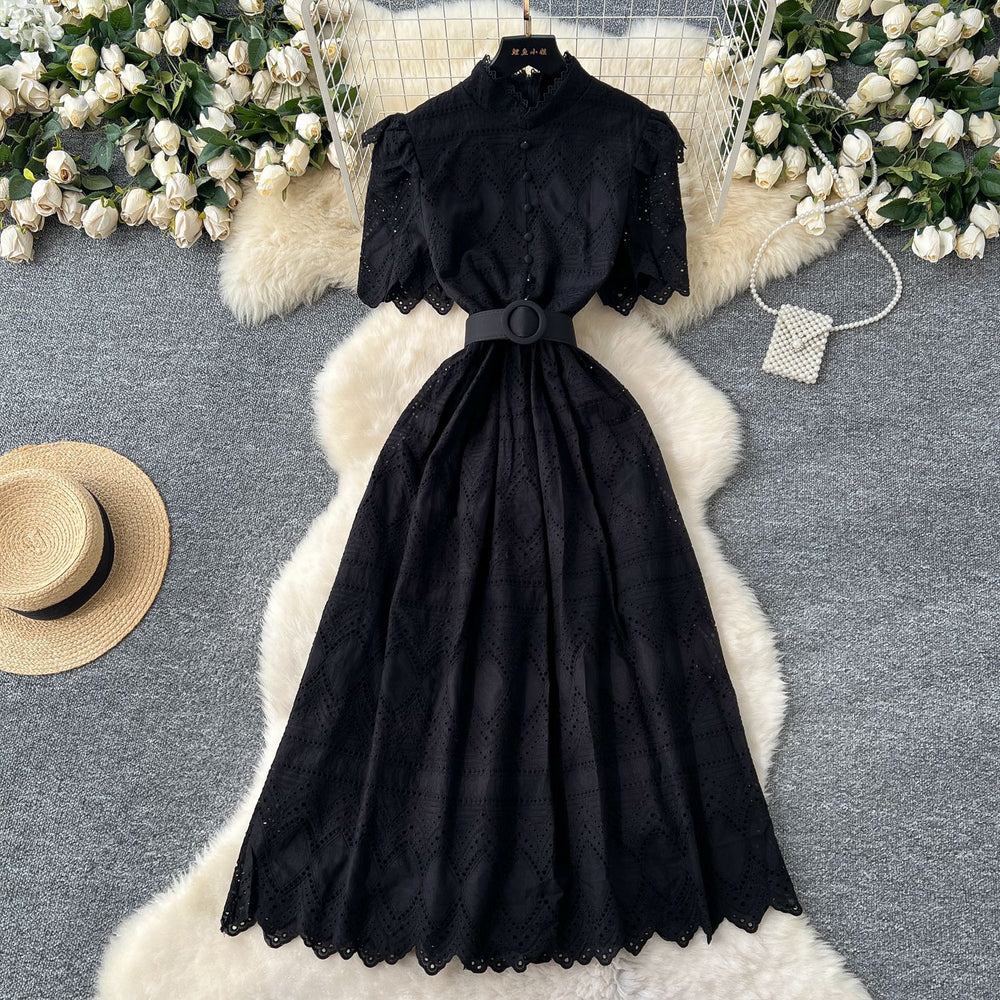 Elegant women's dress - summer : slim-fit, stand collar, short sleeve, openwork crochet embroidery, single-breasted long dress