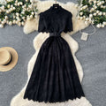 Elegant women's dress - summer : slim-fit, stand collar, short sleeve, openwork crochet embroidery, single-breasted long dress