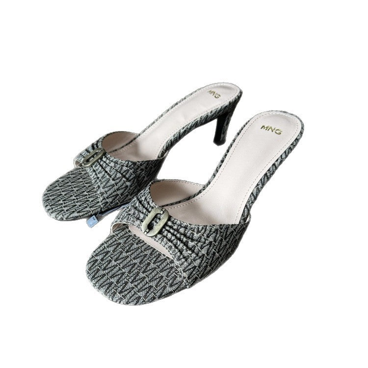 Spanish 2025 summer new arrivals: high-heeled, open-toe, buckle-embellished, versatile casual women's slides for outdoor wear