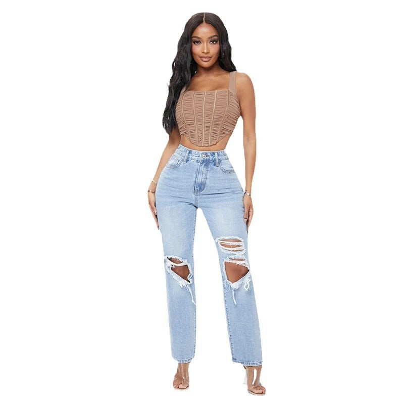 European and american women's jeans: new  street style straight-leg trousers, high-waisted, washed and distressed denim