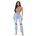 European and american women's jeans: new  street style straight-leg trousers, high-waisted, washed and distressed denim