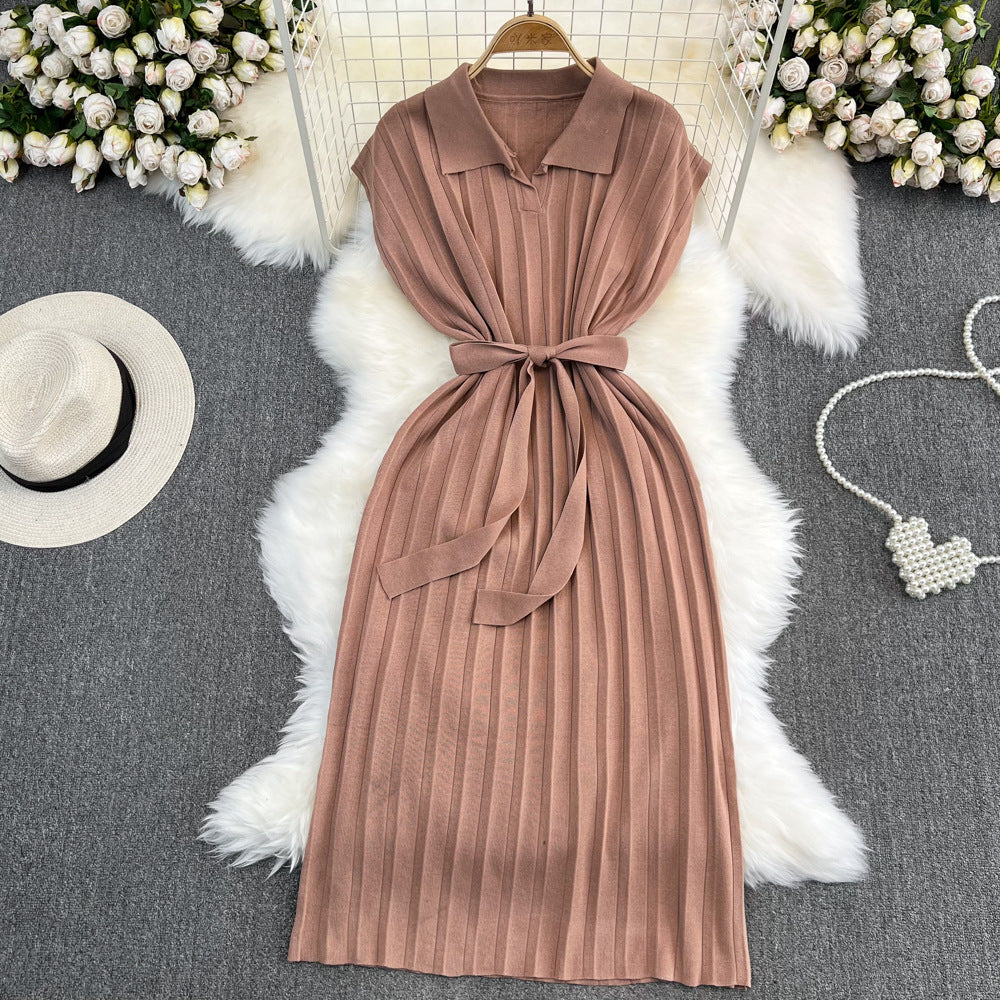 summer french retro chic polo collar loose fit waist tie a-line knit maxi dress