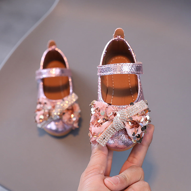 Girls' princess shoes - spring/autumn leather shoes for baby girls, summer soft-soled children's shoes, kids' shoes with sequin bow, princess style