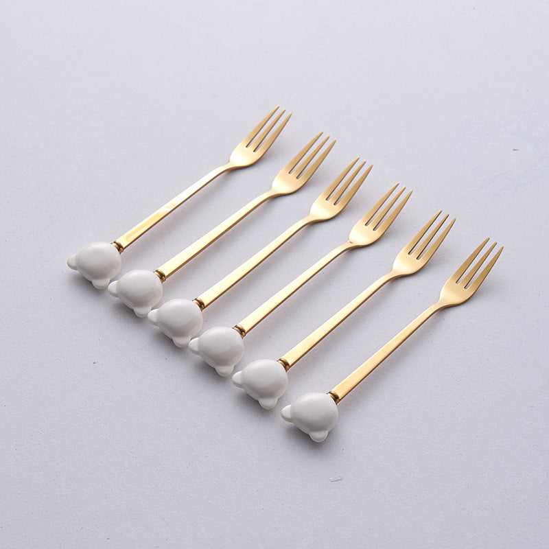 Cartoon stainless steel spoon and fork set - stylish dessert spoons, fruit forks, and ceramic mini forks for home use - wholesale