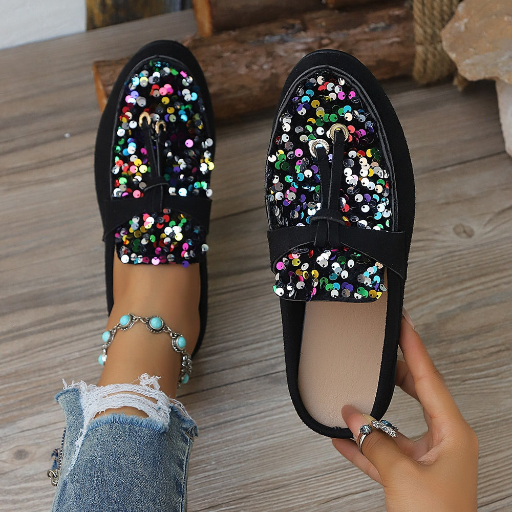 Plus size sequin flat slippers for women - soft sole, comfortable slip-on mules, stylish and versatile lazy shoes for outdoor wear