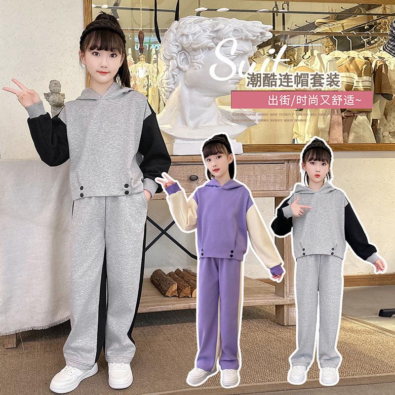 Girls' spring/autumn outfit set,  new korean style, trendy hooded sweatshirt and casual two-piece set for mid-to-large children