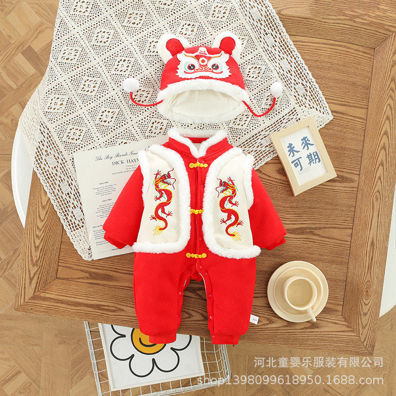 Infant and toddler winter clothing, baby's new year's greetings outfit, winter one-piece red thickened outerwear, festive new year's greetings outing clothes