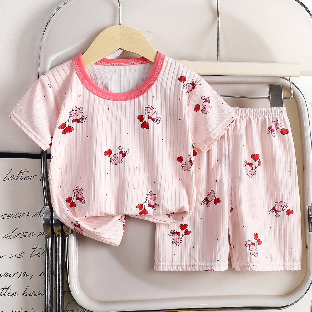 Summer kids' ice silk short sleeve and shorts set - lightweight air conditioning clothing for boys and girls - wholesale baby pajamas and loungewear