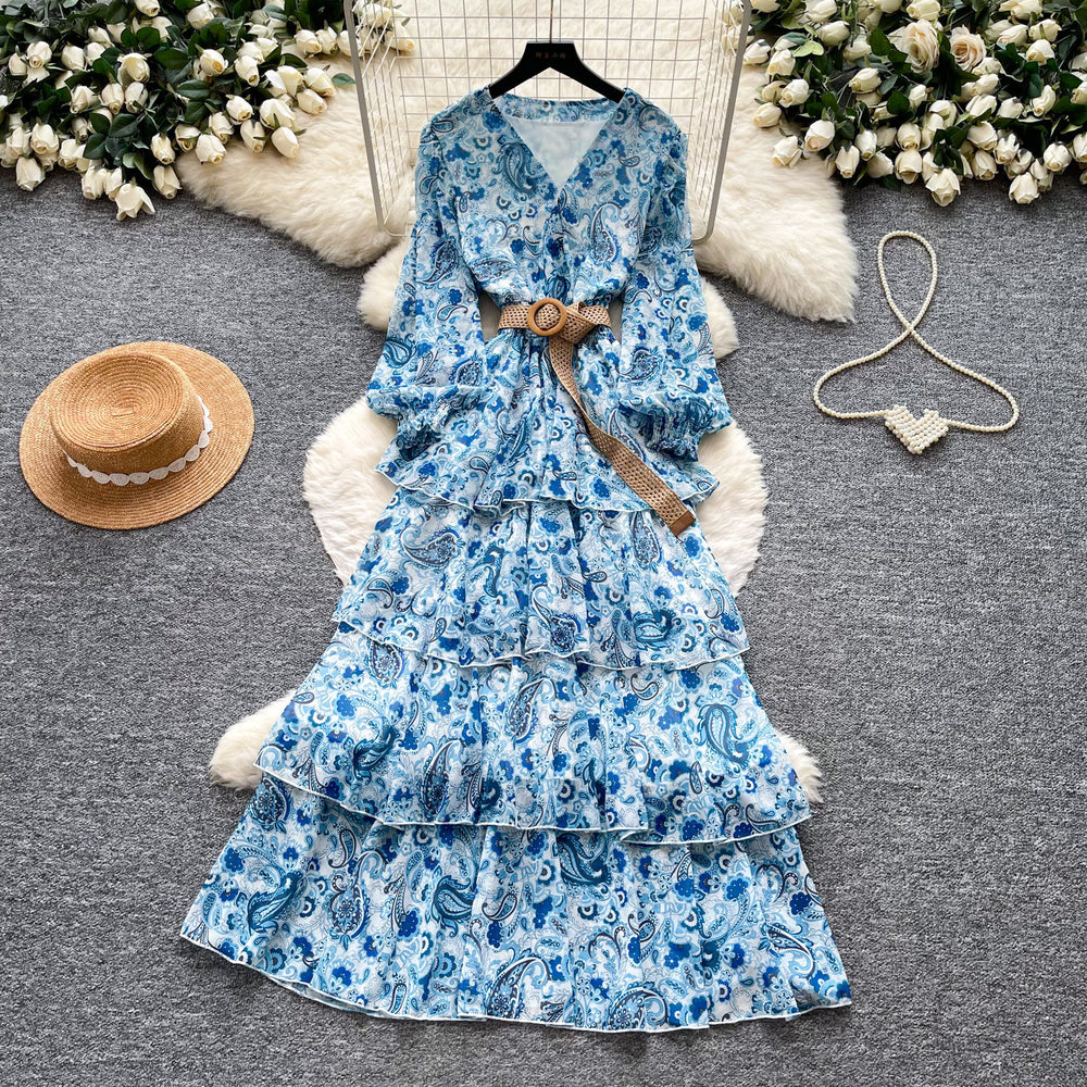 French retro floral v-neck long sleeve dress - women's summer korean style slimming ruffle tiered cake dress - romantic & chic
