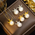 【set】bestselling titanium steel necklace for women, gold-plated copper pearl crown pendant, stud earrings, unique design, high-end jewelry set