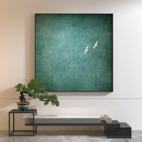 Japanese-style wabi-sabi style decorative painting blue minimalist abstract white flying bird light luxury entrance mural square hanging painting