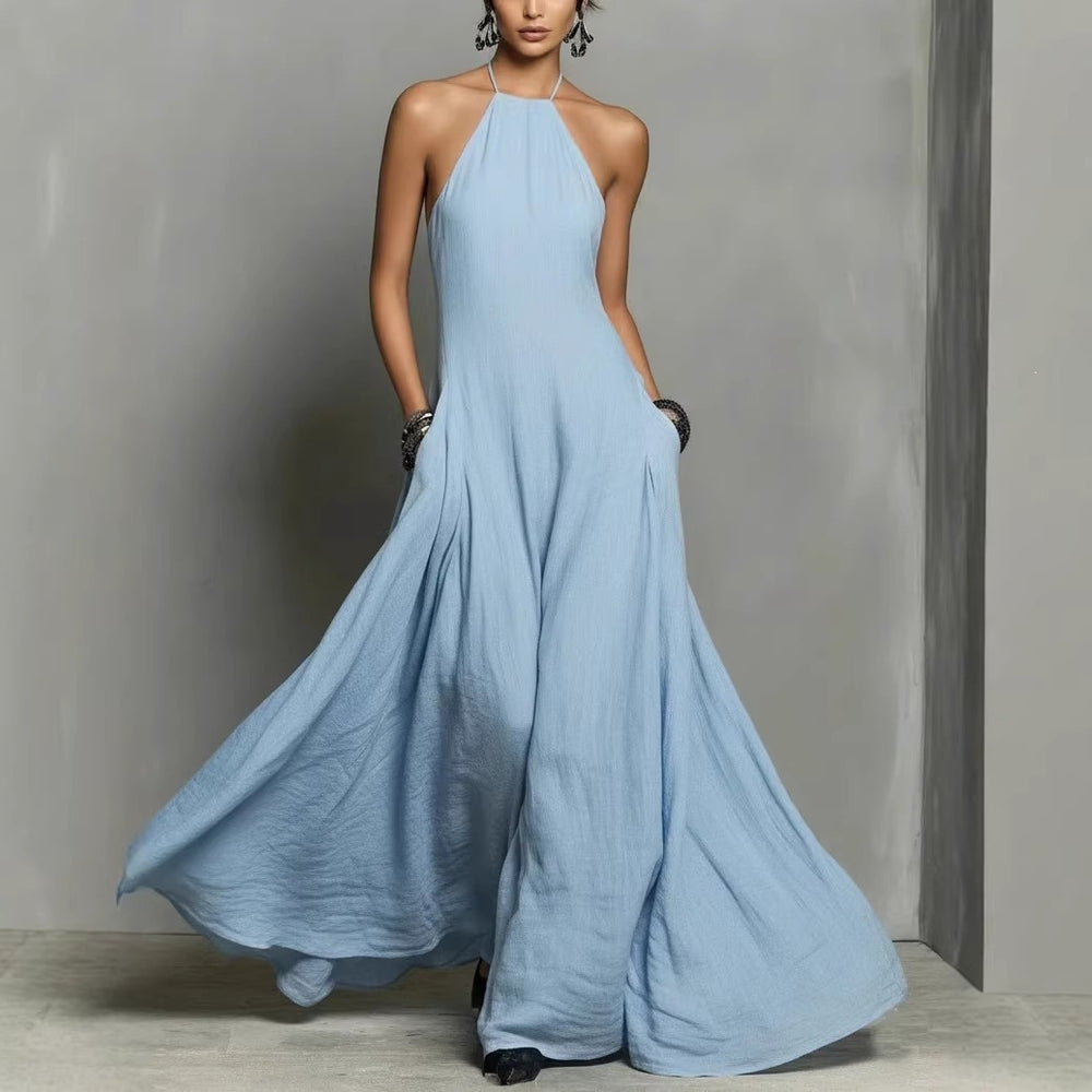 spring/summer new arrivals: european and american -style independent store cotton-linen blend minimalist open-back sleeveless maxi dress