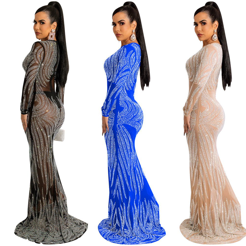 X5606 cross-border   nightclub style sexy rhinestone mesh see-through long sleeve maxi dress for women