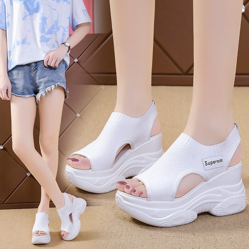 Popular summer new knitted fish mouth shoes fairy style muffin bottom high heel flying woven wedge heel thick sole sports women's sandals