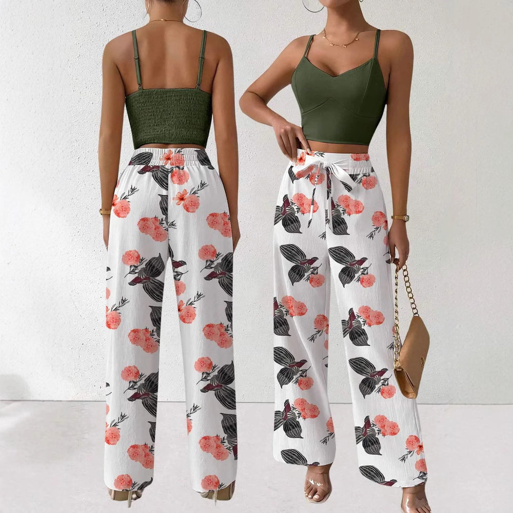 Two-piece set featuring a spaghetti strap elastic tank top and wide-leg tie-front pants,  early autumn european and american style
