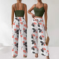 Two-piece set featuring a spaghetti strap elastic tank top and wide-leg tie-front pants,  early autumn european and american style