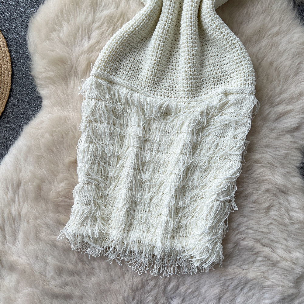 Korean style sleeveless knitted fuzzy dress - women's summer high-waisted slimming a-line dress for work and casual wear