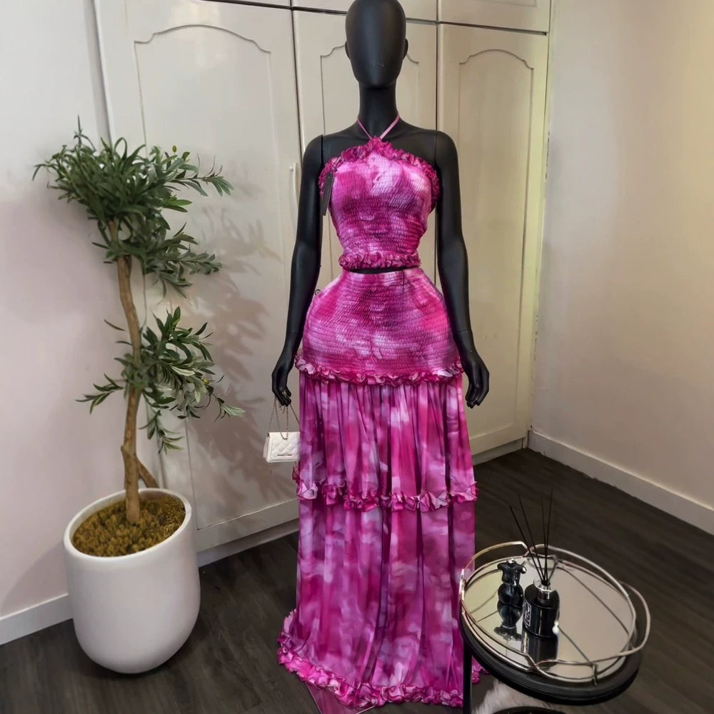 European and american cross-border women's fashion:  summer new collection - sweet halter neck printed top with ruffled hem midi skirt set