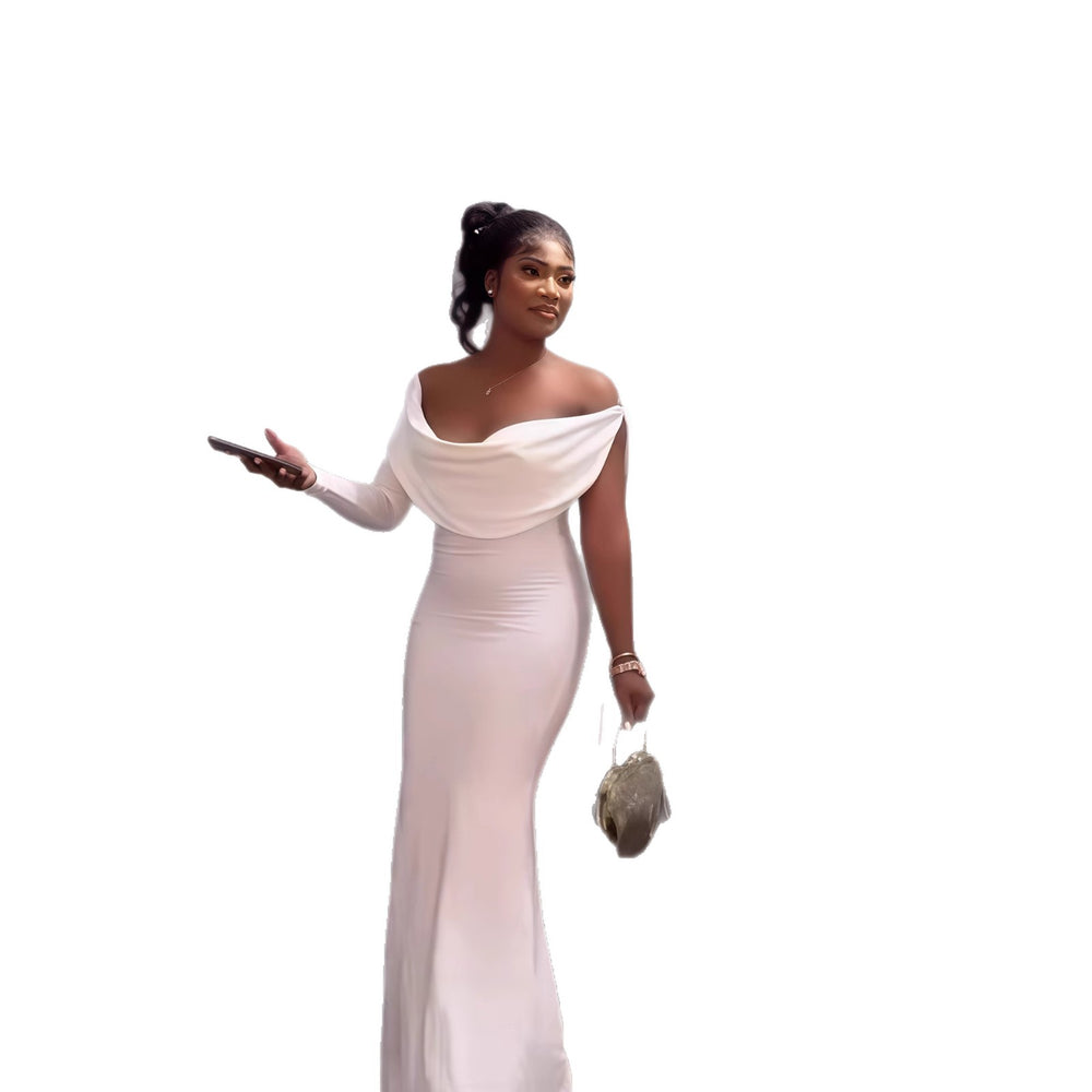 European and american cross-border women's fashion:  autumn new arrival - solid color one-sleeve deep v-neck bodycon elegant long dress