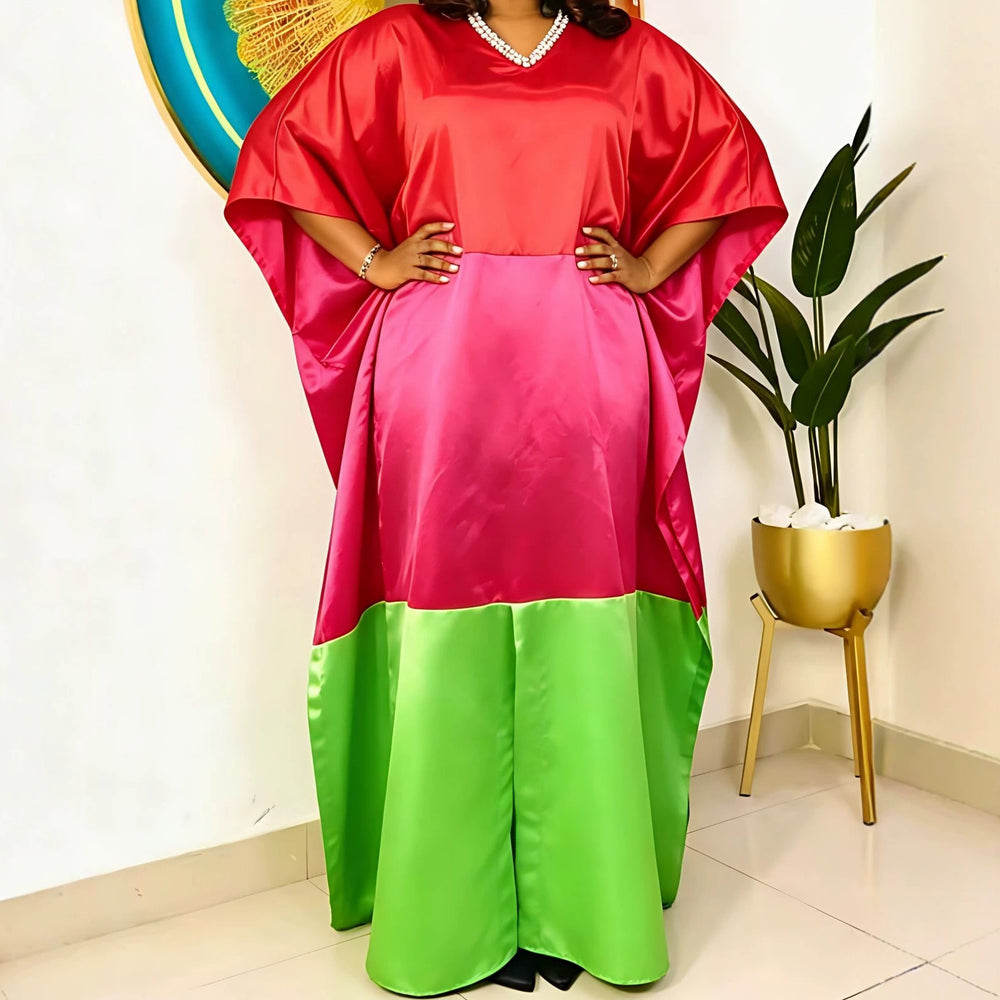 new arrival african party dress v neck pearl decoration bat sleeve contrast colorsatin robe dresses