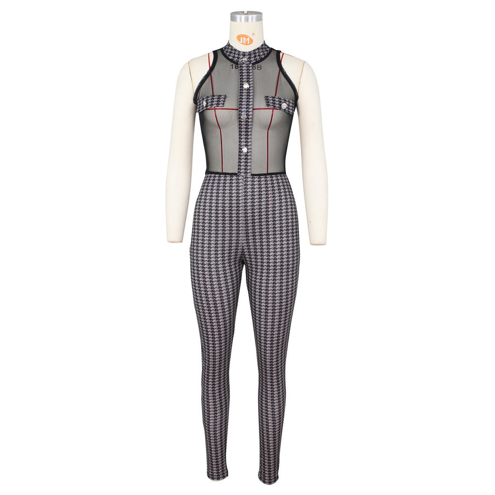 e-commerce source factory european and american fashion pit strip houndstooth printingpatchwork mesh sleeveless jumpsuit