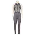 e-commerce source factory european and american fashion pit strip houndstooth printingpatchwork mesh sleeveless jumpsuit