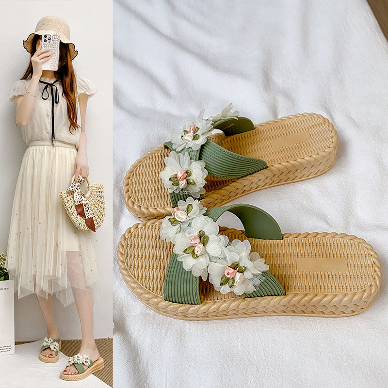 New platform sandals: 4cm chunky heel, criss-cross strap, three-flower design, women's summer outdoor slides, thick sole, non-slip, sweet beach shoes