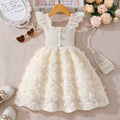 Girls' (toddler) dress, summer solid color flutter sleeve 3d rose ruched dress