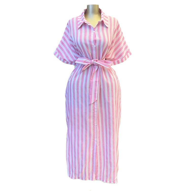 European and american cross-border women's fashion:  spring new arrival - elegant collared pink striped tie-waist short-sleeve shirt dress