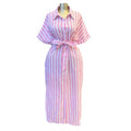 European and american cross-border women's fashion:  spring new arrival - elegant collared pink striped tie-waist short-sleeve shirt dress