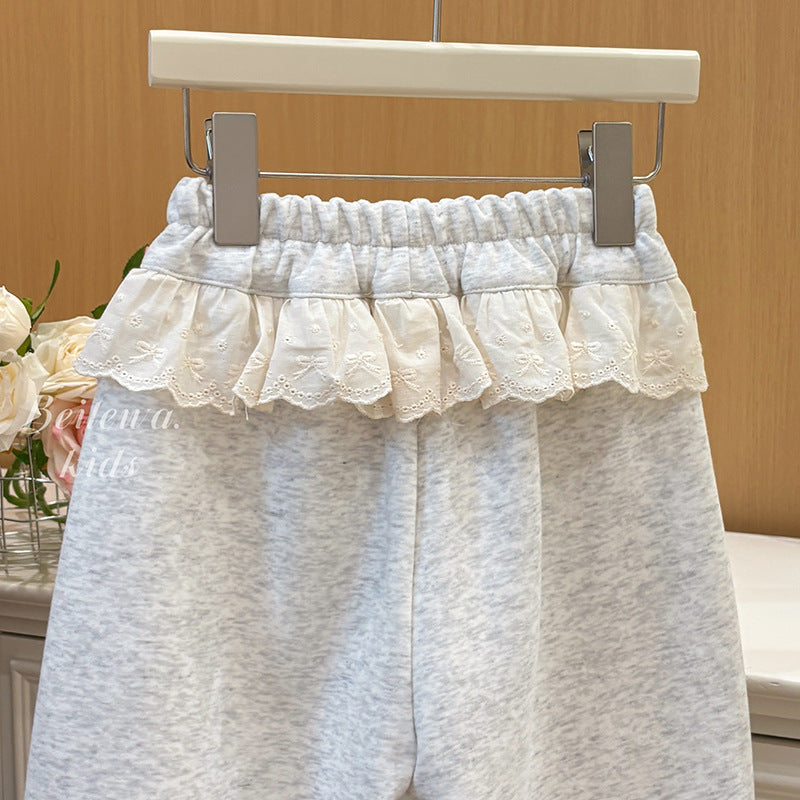 Girls' autumn new casual pants, active pants, stylish and trendy lace-trimmed joggers, trendy sweatpants for baby girls