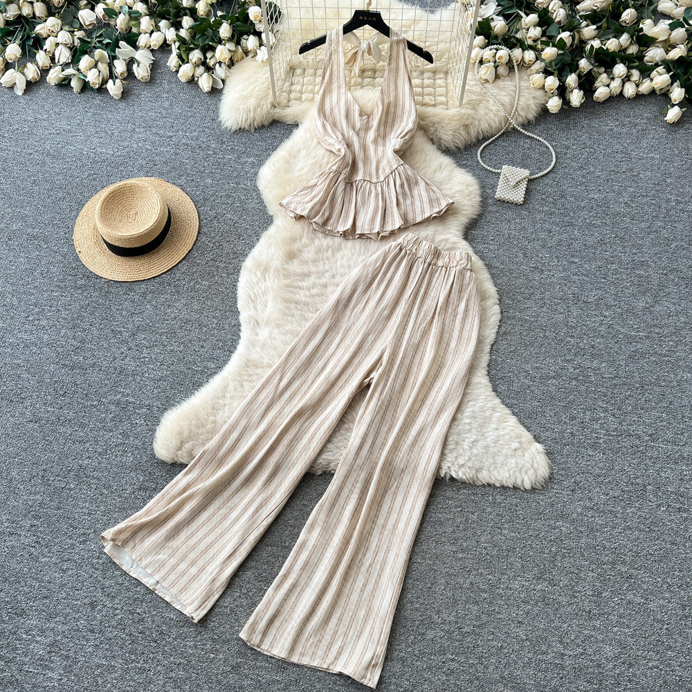 Vacation style halter strap vest high waistloose pantstwo-piece set women's summer silm style atmosphere fashionsuit