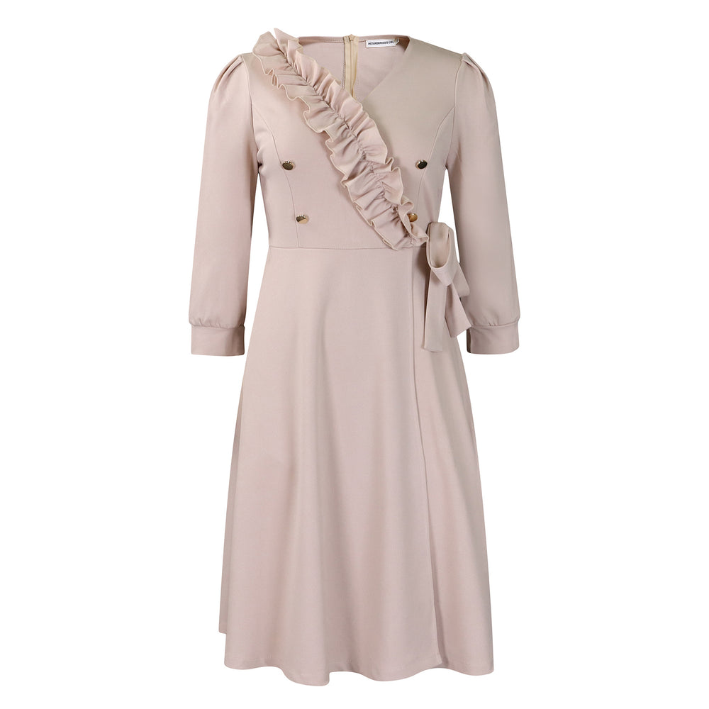 D483 european and american women's clothing  new fashion elegant solid color v-neck ruched high-waisted swing dress - export dress