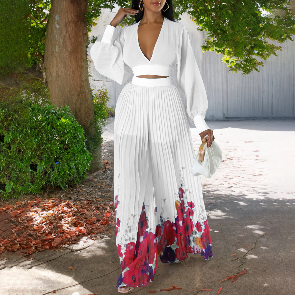 European and american women's clothing  spring new fashion elegant chiffon v-neck pleated top and printed wide-leg pants foreign trade set