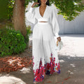 European and american women's clothing  spring new fashion elegant chiffon v-neck pleated top and printed wide-leg pants foreign trade set
