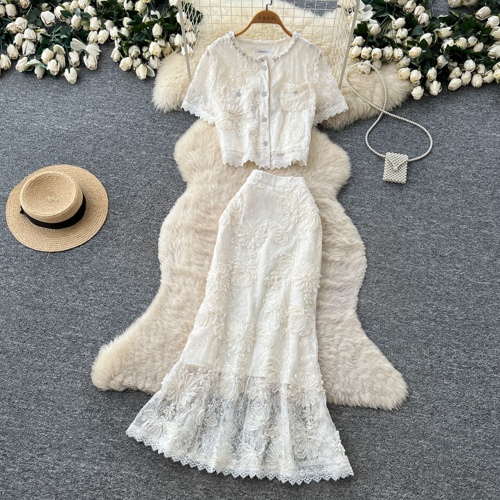 French chic lace patchwork top and skirt set - summer sweet & spicy lace slimming elegance outfit