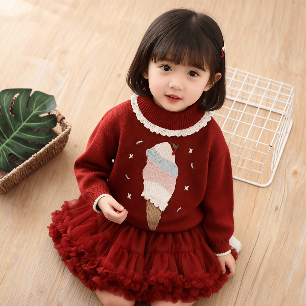 Girls' knit sweater set - new autumn/winter  collection: chic baby pullover with lace collar, long-sleeved base layer knitwear