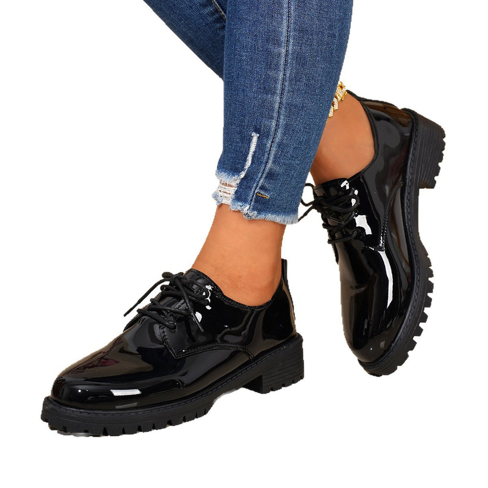 plus sizethick sole small leather shoes for women  spring & fall new arrivalpreppy british style patent leather tie backflats
