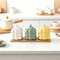 Original dopamine-themed thickened ceramic spice jar set with wooden stand - kitchen salt and seasoning containers with spoons - gift set
