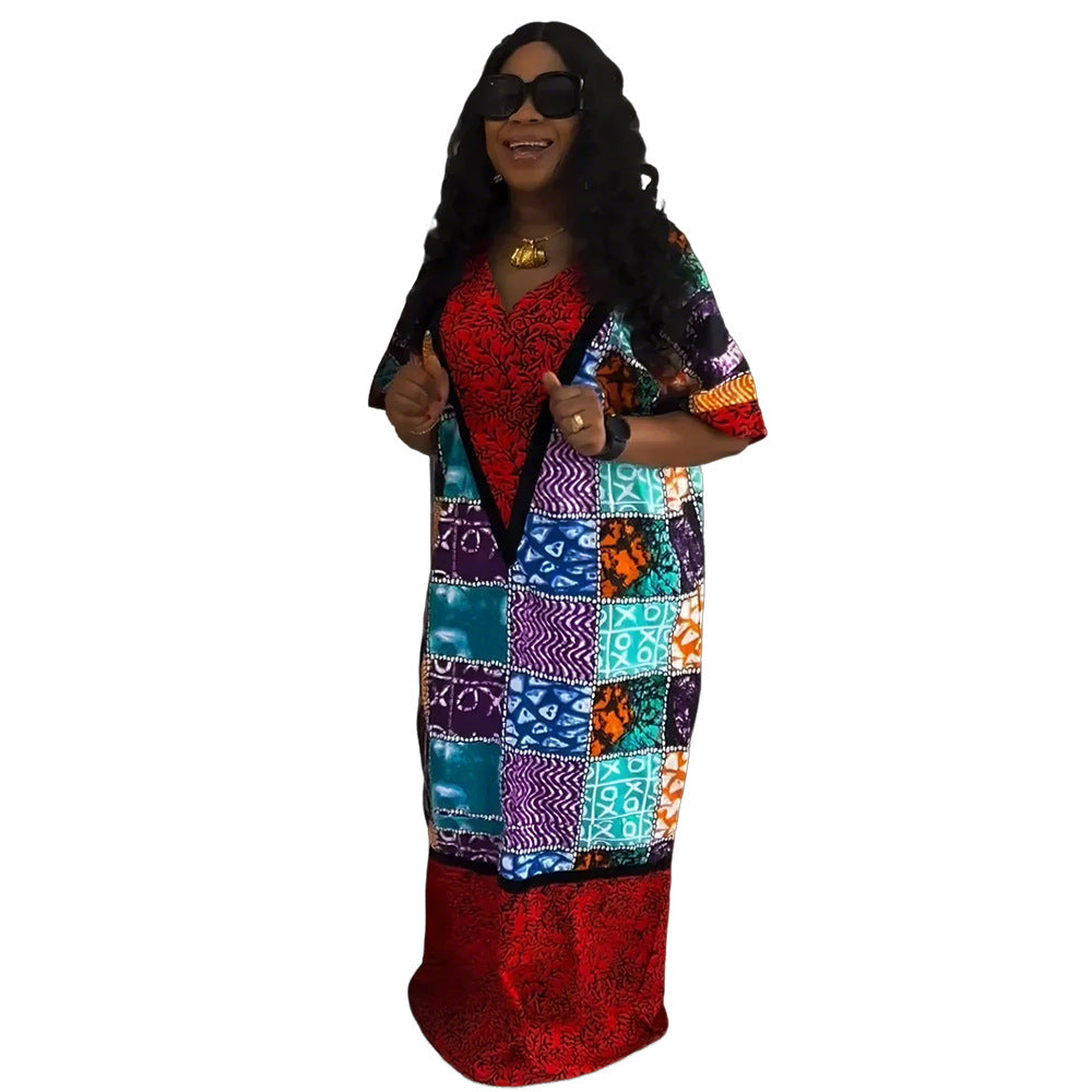 Aliexpress  plus size v-neck dress cross-border e-commerce african women's clothing color block print maxi dress