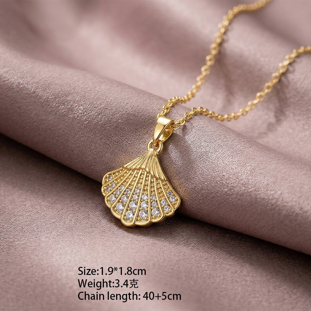 Popular copper inlaid zirconium shell necklace popular among netizens, accessible luxury niche women's versatile elegant summer non-fading clavicle chain jewelry